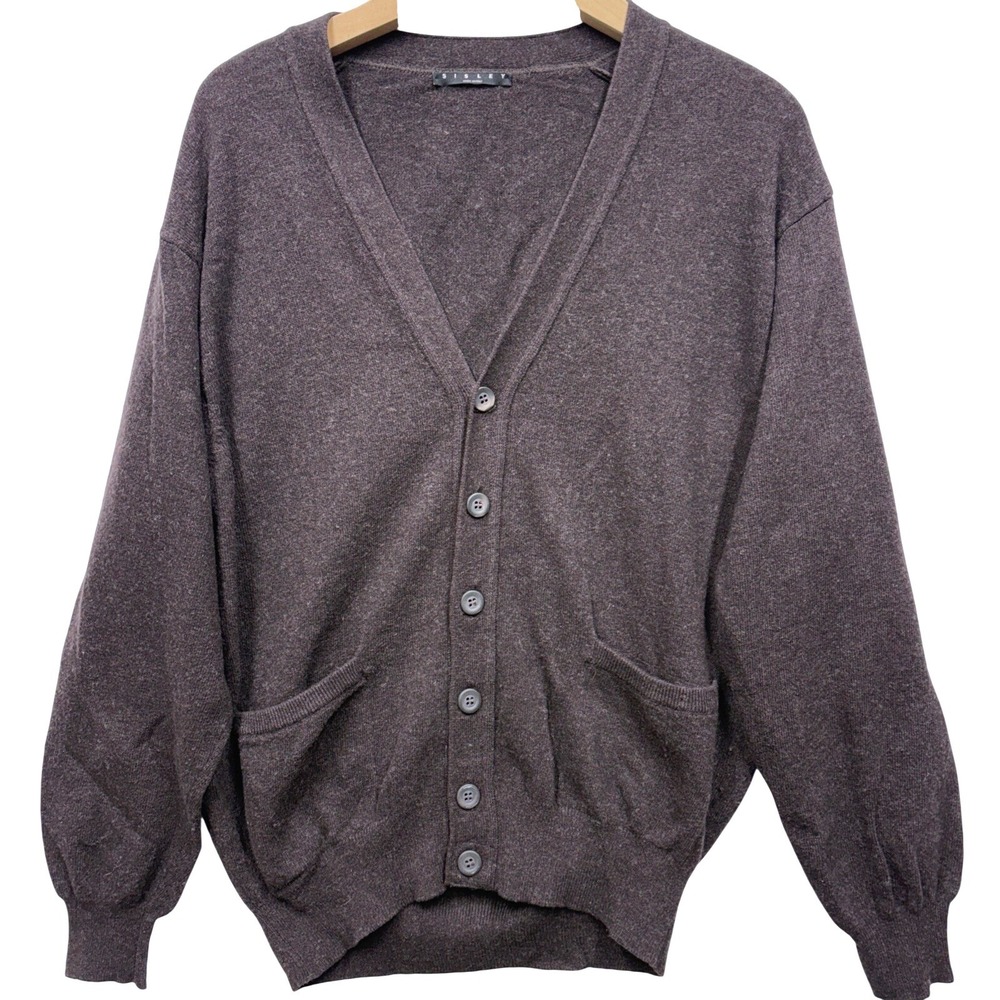 Sisley Made in Italy V-Neck‎ Button Cardigan Sweater Men's L Gray Preppy Retro